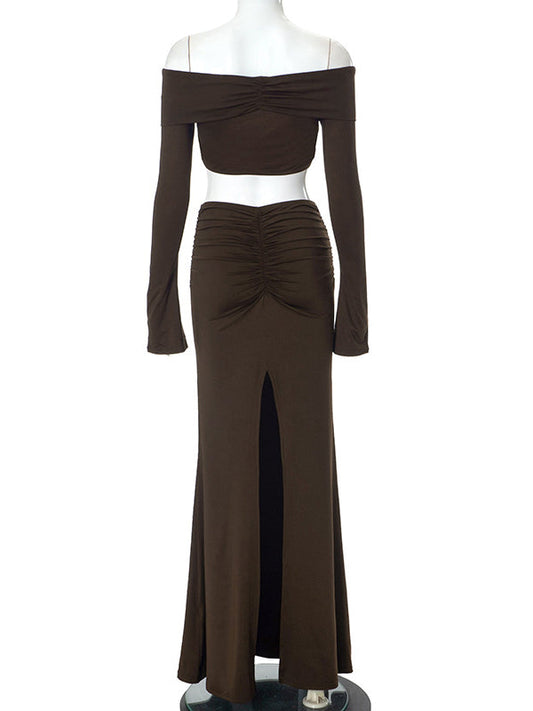 fotobeyou Brown 2-in-1 Off Shoulder Flare Sleeve Ruched Back Slit Bodycon Elegant Photoshoot Maternity Maxi Dress