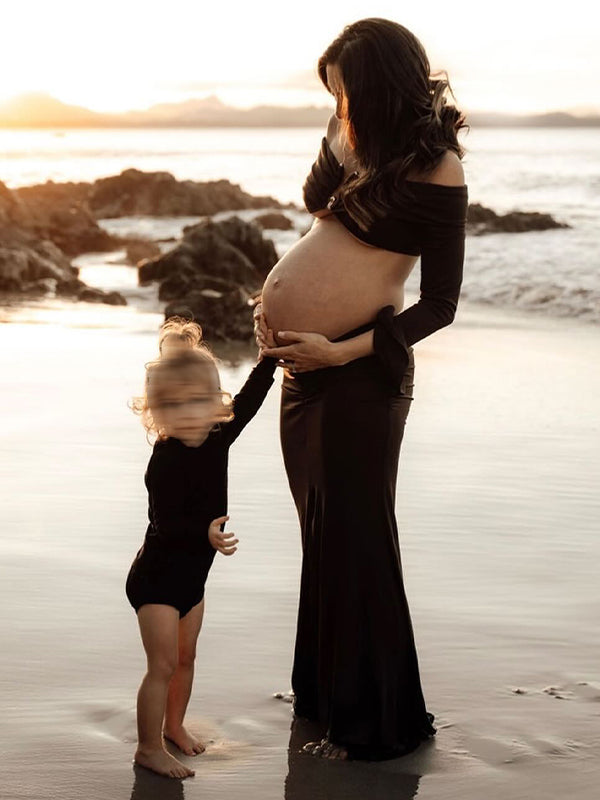 fotobeyou Brown 2-in-1 Off Shoulder Flare Sleeve Ruched Back Slit Bodycon Elegant Photoshoot Maternity Maxi Dress