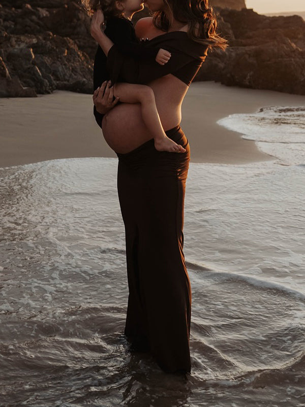 fotobeyou Brown 2-in-1 Off Shoulder Flare Sleeve Ruched Back Slit Bodycon Elegant Photoshoot Maternity Maxi Dress