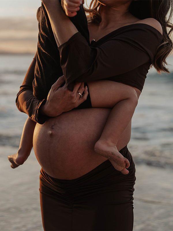 fotobeyou Brown 2-in-1 Off Shoulder Flare Sleeve Ruched Back Slit Bodycon Elegant Photoshoot Maternity Maxi Dress