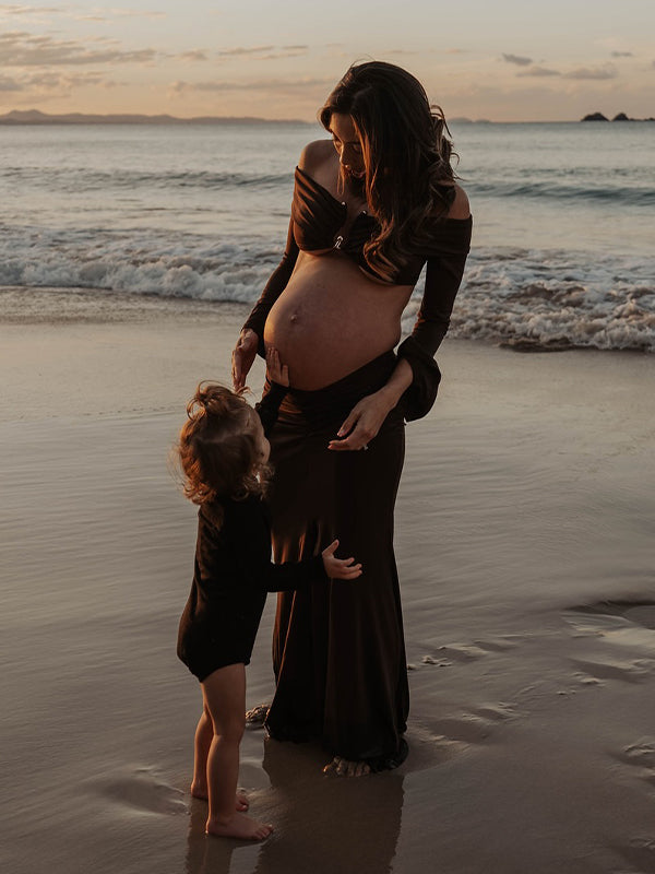 fotobeyou Brown 2-in-1 Off Shoulder Flare Sleeve Ruched Back Slit Bodycon Elegant Photoshoot Maternity Maxi Dress