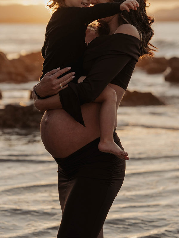 fotobeyou Brown 2-in-1 Off Shoulder Flare Sleeve Ruched Back Slit Bodycon Elegant Photoshoot Maternity Maxi Dress