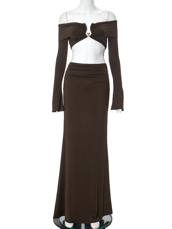fotobeyou Brown 2-in-1 Off Shoulder Flare Sleeve Ruched Back Slit Bodycon Elegant Photoshoot Maternity Maxi Dress