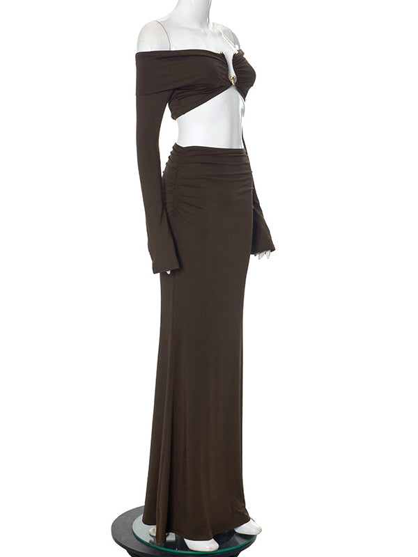 fotobeyou Brown 2-in-1 Off Shoulder Flare Sleeve Ruched Back Slit Bodycon Elegant Photoshoot Maternity Maxi Dress