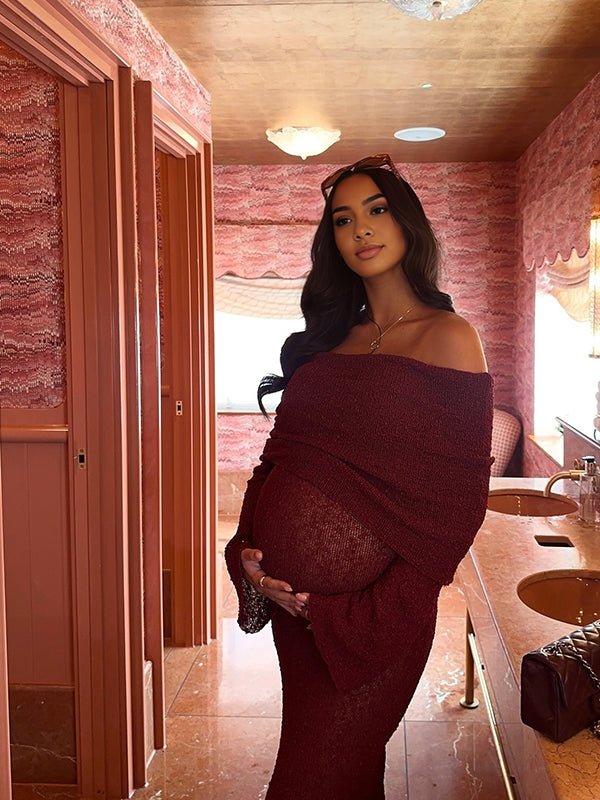 fotobeyou Burgundy Knitted Off Shoulder Flare Sleeve Bodycon Elegant Baby Moon Beach Cover Up Maternity Photoshoot Baby Shower Maxi Dress