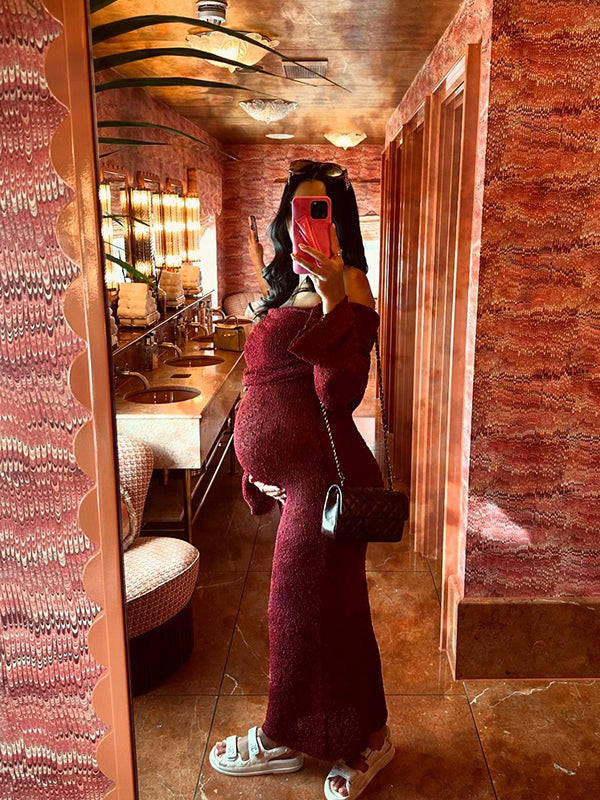 fotobeyou Burgundy Knitted Off Shoulder Flare Sleeve Bodycon Elegant Baby Moon Beach Cover Up Maternity Photoshoot Baby Shower Maxi Dress