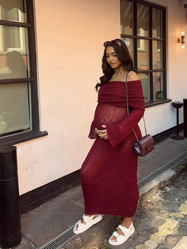 fotobeyou Burgundy Knitted Off Shoulder Flare Sleeve Bodycon Elegant Baby Moon Beach Cover Up Maternity Photoshoot Baby Shower Maxi Dress
