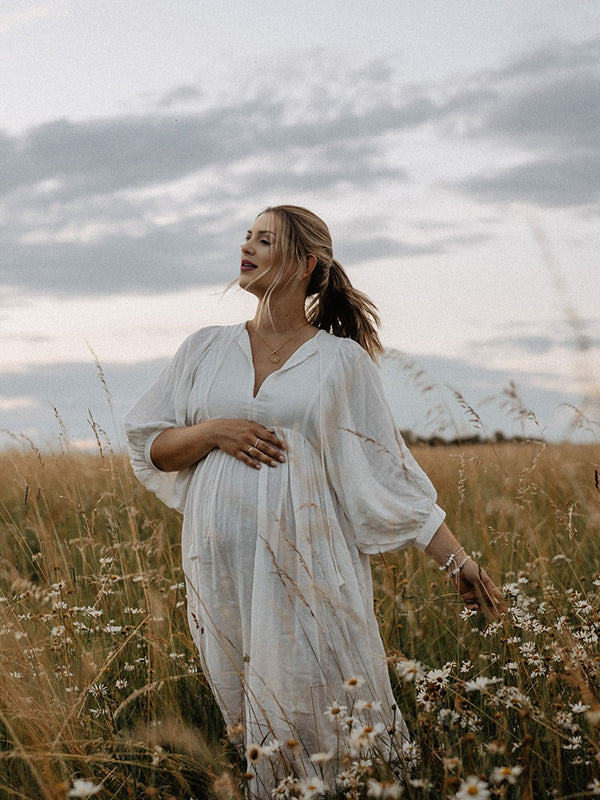fotobeyou White Front Tie Up Deep V-neck Lantern Sleeve Loose Sundress Elegant Vacation Baby Moon Flowy Boho Maternity Photoshoot Baby Shower Maxi Dress