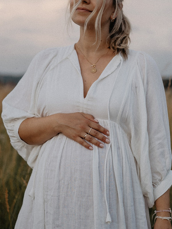 fotobeyou White Front Tie Up Deep V-neck Lantern Sleeve Loose Sundress Elegant Vacation Baby Moon Flowy Boho Maternity Photoshoot Baby Shower Maxi Dress