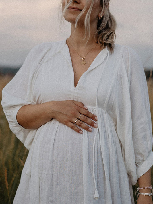 fotobeyou White Front Tie Up Deep V-neck Lantern Sleeve Loose Sundress Elegant Vacation Baby Moon Flowy Boho Maternity Photoshoot Baby Shower Maxi Dress