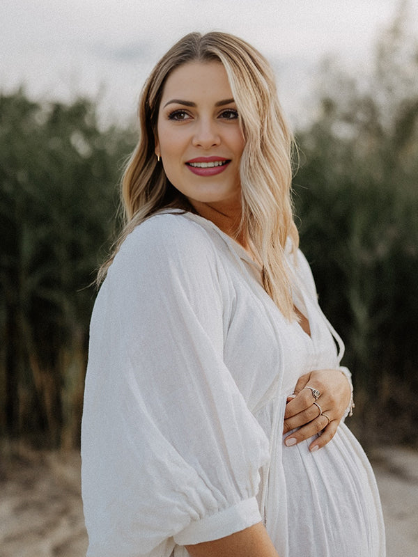 fotobeyou White Front Tie Up Deep V-neck Lantern Sleeve Loose Sundress Elegant Vacation Baby Moon Flowy Boho Maternity Photoshoot Baby Shower Maxi Dress