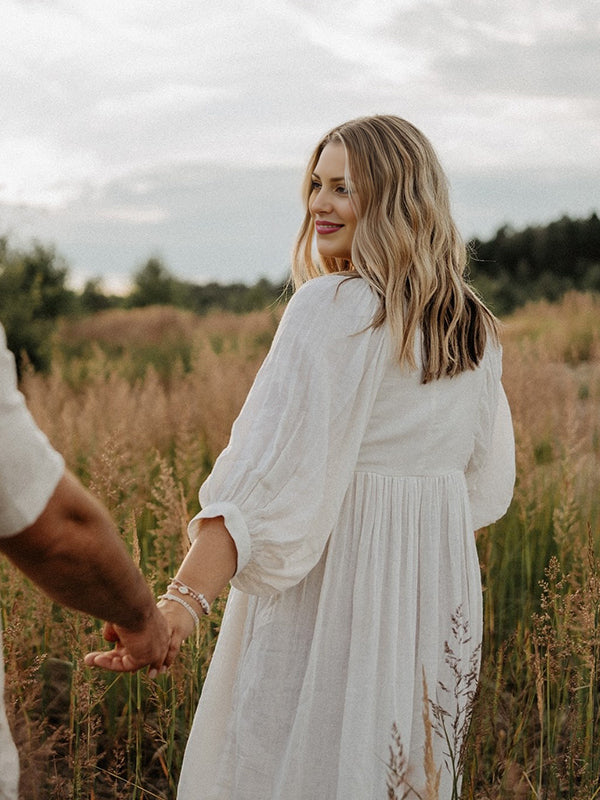 fotobeyou White Front Tie Up Deep V-neck Lantern Sleeve Loose Sundress Elegant Vacation Baby Moon Flowy Boho Maternity Photoshoot Baby Shower Maxi Dress