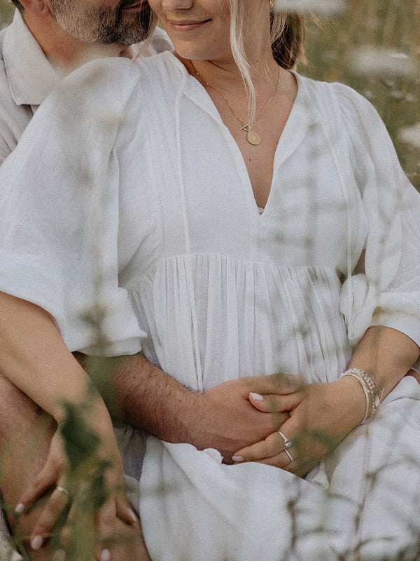 fotobeyou White Front Tie Up Deep V-neck Lantern Sleeve Loose Sundress Elegant Vacation Baby Moon Flowy Boho Maternity Photoshoot Baby Shower Maxi Dress