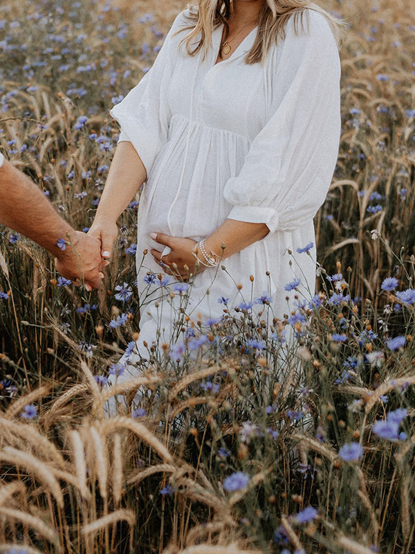 fotobeyou White Front Tie Up Deep V-neck Lantern Sleeve Loose Sundress Elegant Vacation Baby Moon Flowy Boho Maternity Photoshoot Baby Shower Maxi Dress