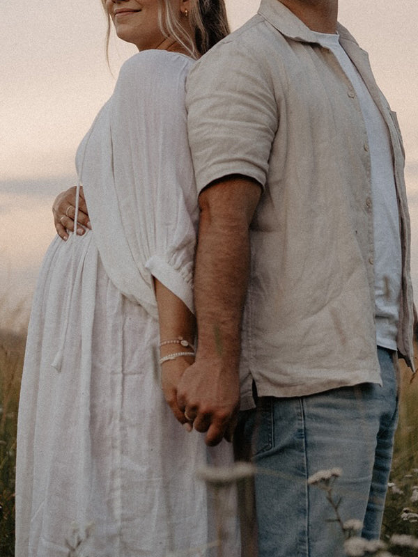 fotobeyou White Front Tie Up Deep V-neck Lantern Sleeve Loose Sundress Elegant Vacation Baby Moon Flowy Boho Maternity Photoshoot Baby Shower Maxi Dress