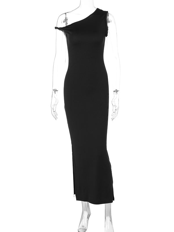 fotobeyou Black One Shoulder Side Slit Asymmetrical Neck Sleeveless Bodycon Elegant Cocktail Party Maternity Photoshoot Baby Shower Maxi Dress