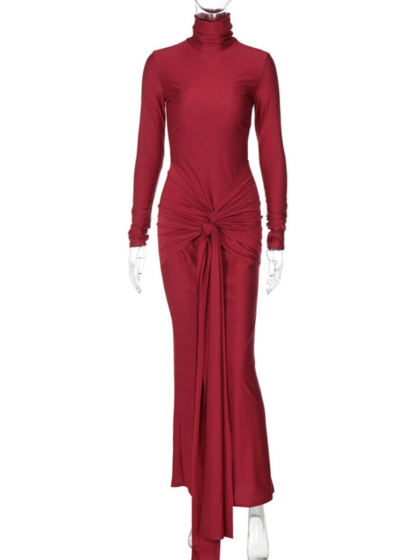 fotobeyou Solid Color Belt Splicing Ruched Draped Bodycon Mermaid Long Sleeve Going Out Photoshoot Maternity Maxi Dress