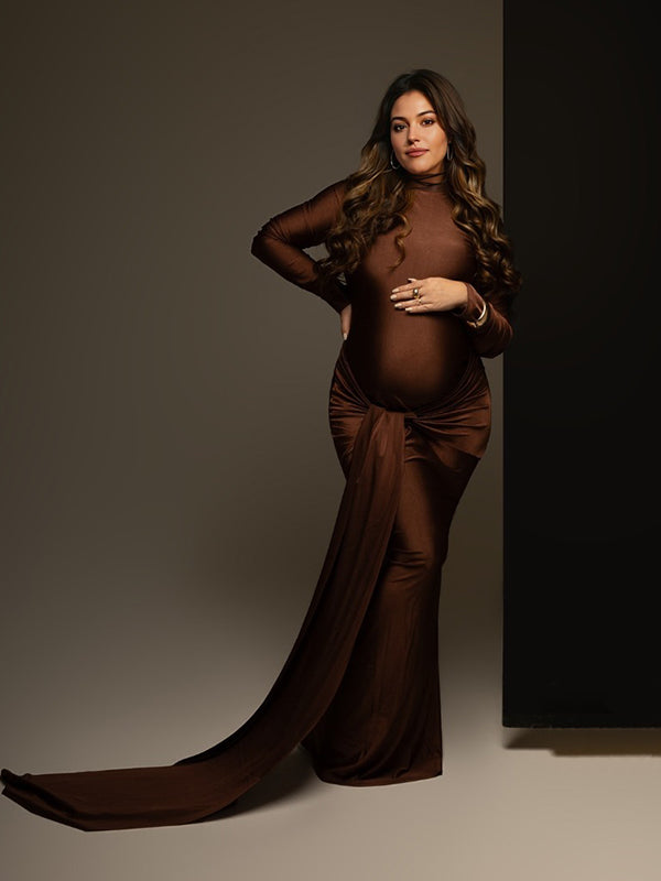 fotobeyou Solid Color Belt Splicing Ruched Draped Bodycon Mermaid Long Sleeve Going Out Photoshoot Maternity Maxi Dress