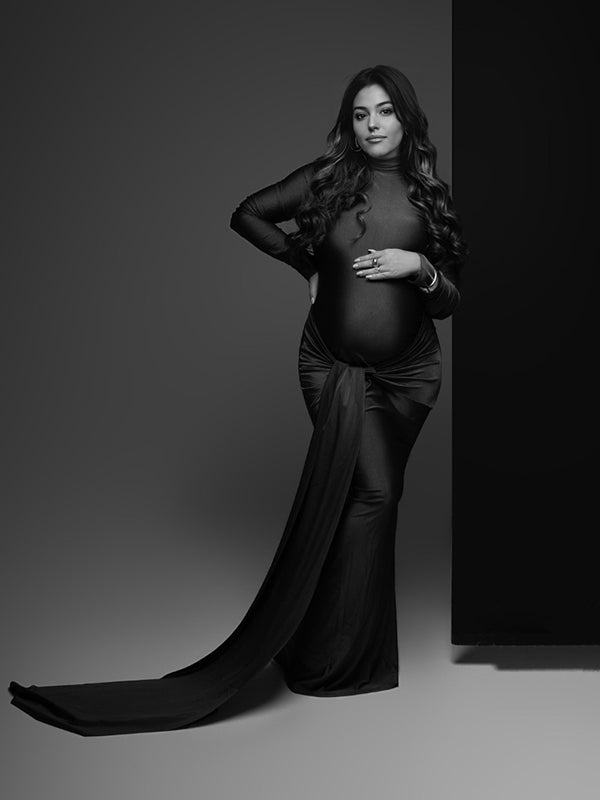 fotobeyou Solid Color Belt Splicing Ruched Draped Bodycon Mermaid Long Sleeve Going Out Photoshoot Maternity Maxi Dress