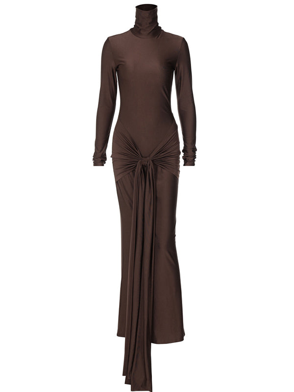 fotobeyou Solid Color Belt Splicing Ruched Draped Bodycon Mermaid Long Sleeve Going Out Photoshoot Maternity Maxi Dress