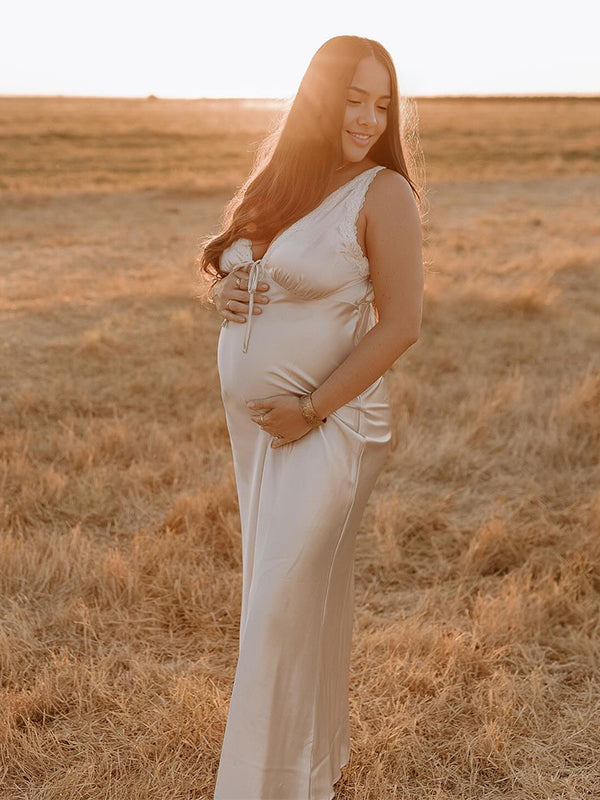 fotobeyou Champagne Satin Lace Splicing Backless Drawstring V-Neck Bodycon Going Out Photoshoot Maternity Maxi Dress