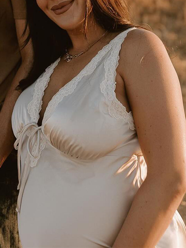fotobeyou Champagne Satin Lace Splicing Backless Drawstring V-Neck Bodycon Going Out Photoshoot Maternity Maxi Dress
