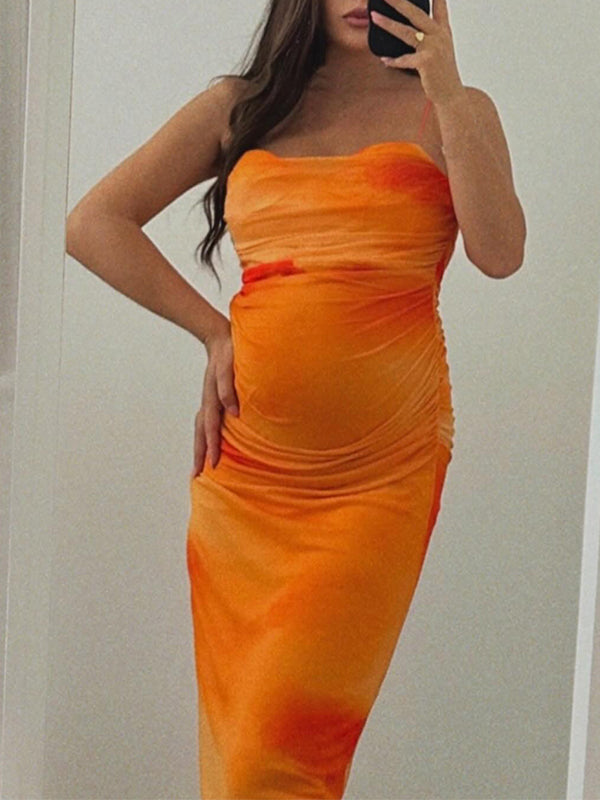 fotobeyou Orange Ruched Hit Color Cami Bodycon Party Maternity Maxi Dress