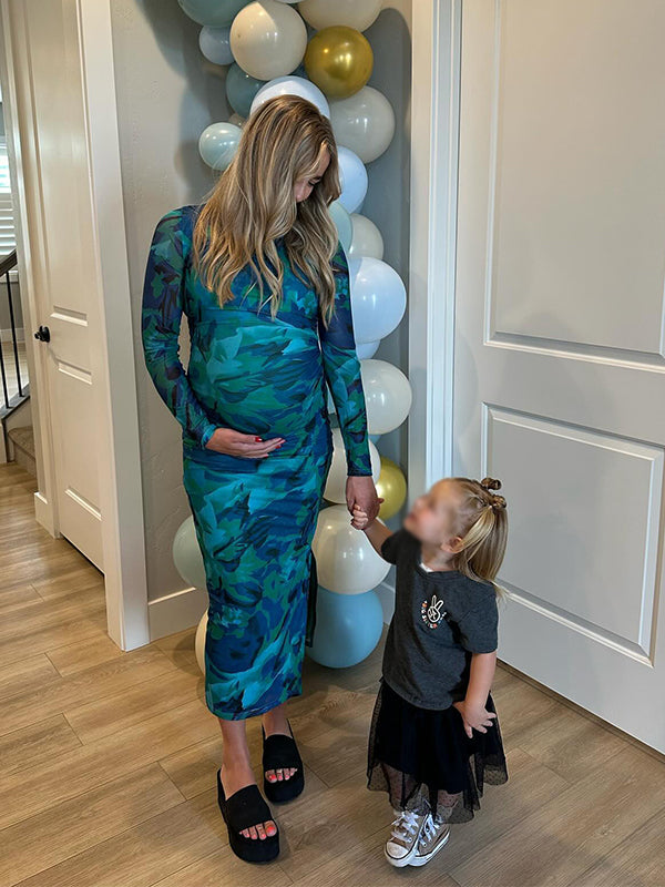 fotobeyou Bleach Band Ruched Side Slit Bodycon Long Sleeve Fashion Going Out Gowns Baby Shower Maternity Maxi Dress