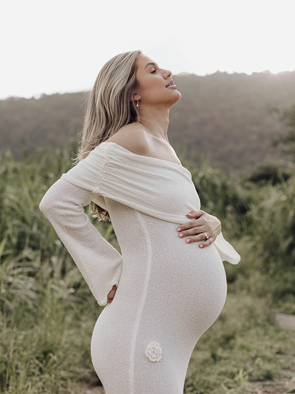 fotobeyou White Off Shoulder 3D Flowers Backless Bodycon Mermaid Cocktail Party Gowns Bandage Photoshoot Maternity Maxi Dress