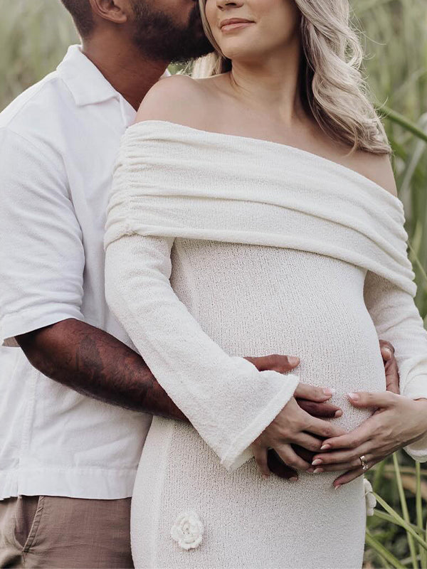 fotobeyou White Off Shoulder 3D Flowers Backless Bodycon Mermaid Cocktail Party Gowns Bandage Photoshoot Maternity Maxi Dress