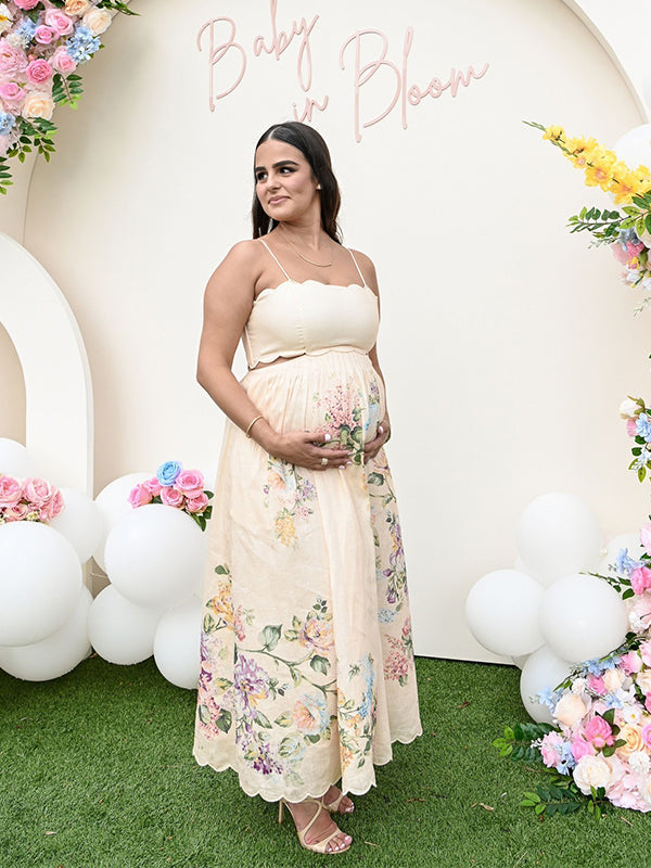 fotobeyou Spaghetti Strap Backless Wavy Edge Cut Out Print Going Out Gowns Cute Baby Shower Maternity Maxi Dress