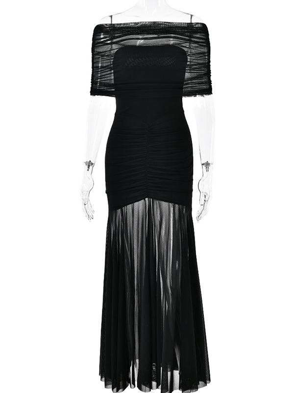 fotobeyou Sheer Mesh Ruched Bandeau Off Shoulder Long Sleeve Mermaid Elegant Cocktail Party Gown Maternity Photoshoot Baby Shower Maxi Dress