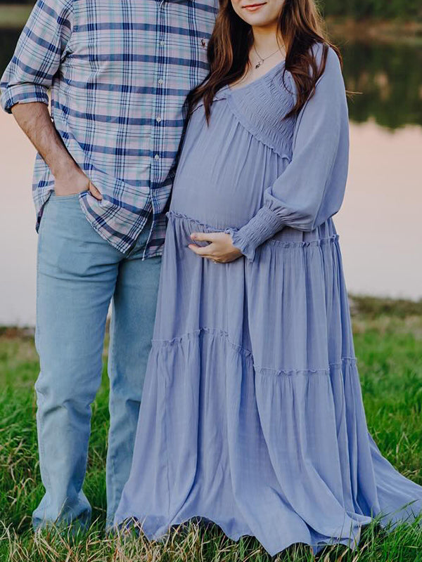 fotobeyou Layered Ruffle Falbala Big Swing Elegant Baby Moon Beach Boho Maternity Photoshoot Baby Shower Maxi Dress