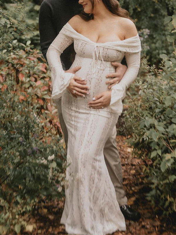fotobeyou White Off Shoulder Lace Bandeau Tie Front Mermaid Bandage Gender Reveal Maternity Maxi Dress
