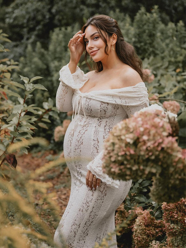 fotobeyou White Off Shoulder Lace Bandeau Tie Front Mermaid Bandage Going Out Photoshoot Maternity Maxi Dress