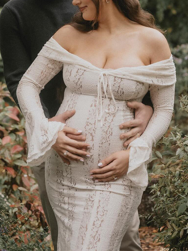 fotobeyou White Off Shoulder Lace Bandeau Tie Front Mermaid Bandage Going Out Photoshoot Maternity Maxi Dress