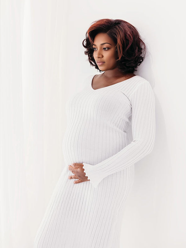 fotobeyou Knit Pleated Big Swing V-neck Plus Size Sweater Elegant Going Out Maternity Photoshoot Baby Shower Maxi Dress