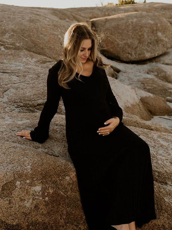 fotobeyou Knit Pleated Big Swing V-neck Plus Size Sweater Elegant Going Out Maternity Photoshoot Baby Shower Maxi Dress