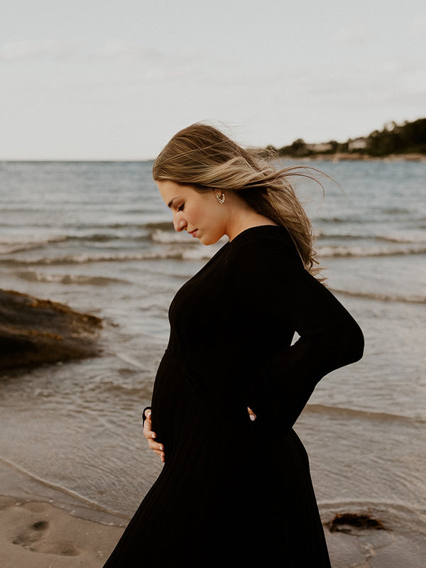 fotobeyou Knit Pleated Big Swing V-neck Plus Size Sweater Elegant Going Out Maternity Photoshoot Baby Shower Maxi Dress