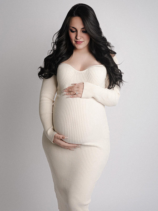 fotobeyou Apricot Knit V-neck Bodycon Elegant Going Out Maternity Photoshoot Baby Shower Midi Sweater Dress