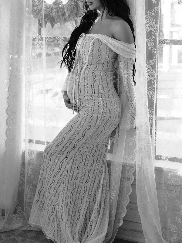 fotobeyou White Off Shoulder Lace Bandeau Tie Front Mermaid Bandage Going Out Photoshoot Maternity Maxi Dress