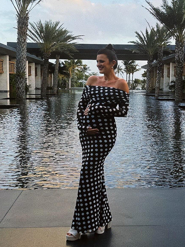 fotobeyou Black And White Polka Dot Off Shoulder Ruched Bodycon Elegant Going Out Cocktail Maternity Photoshoot Maxi Dress