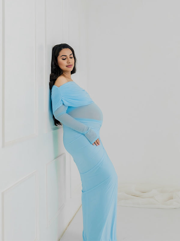 fotobeyou Off Shoulder Mesh Splicing Cascading Ruffle Bodycon Going Out Gowns Photoshoot Maternity Maxi Dress