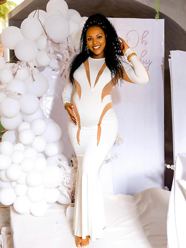 fotobeyou White Mesh Patchwork Cut Out Mermaid Elegant Going Out Party Maternity Photoshoot Babyshower Maxi Dress