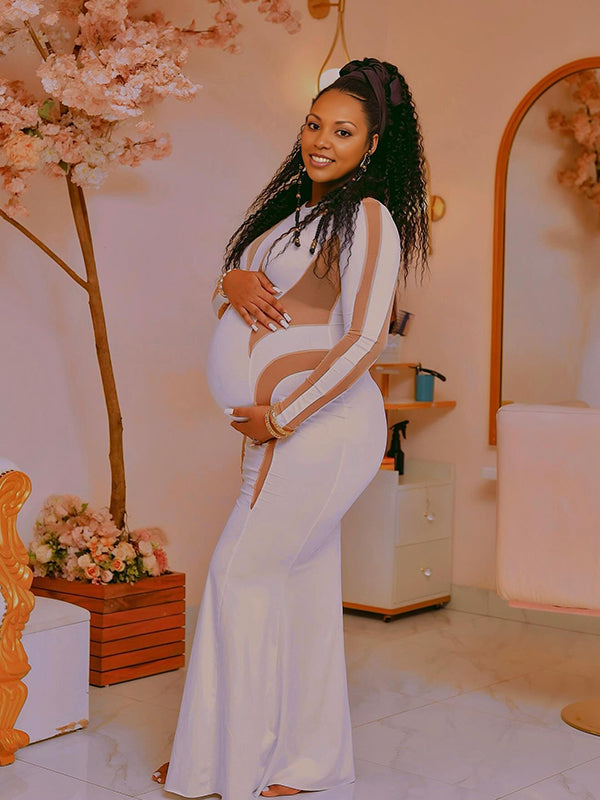 fotobeyou White Mesh Patchwork Cut Out Mermaid Elegant Going Out Party Maternity Photoshoot Babyshower Maxi Dress