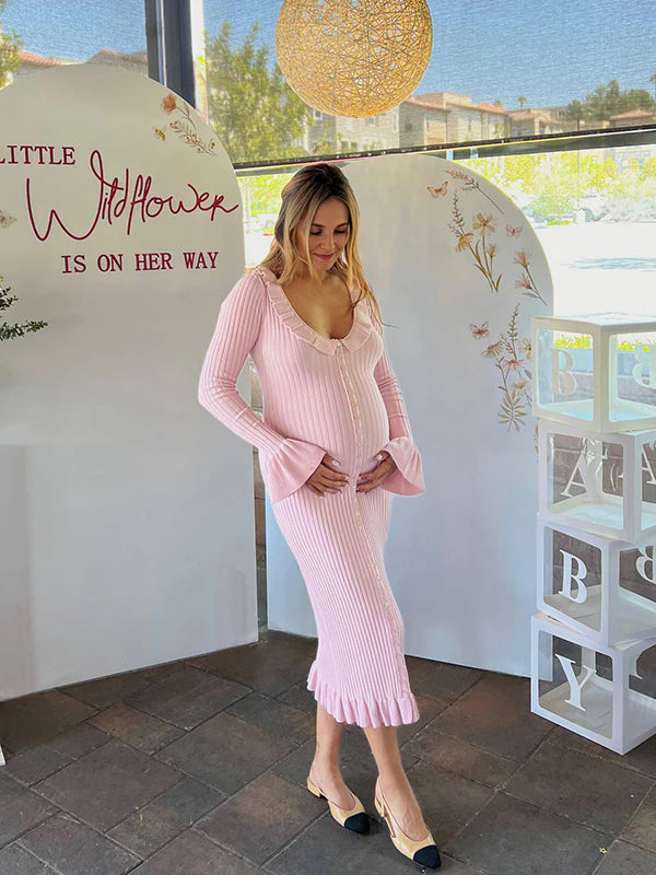 fotobeyou Pink Knit Falbala Ruffle Hem Single Breasted Flare Sleeve Bodycon Elegant Hoing Out Maternity Babyshower Maxi Sweater Dress