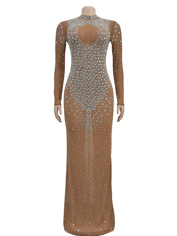 fotobeyou Apricot Glitter Diamonds Rhinestone Mesh Back Slit Bodycon Elegant Cocktail Sheer Maternity Photoshoot Maxi Dress