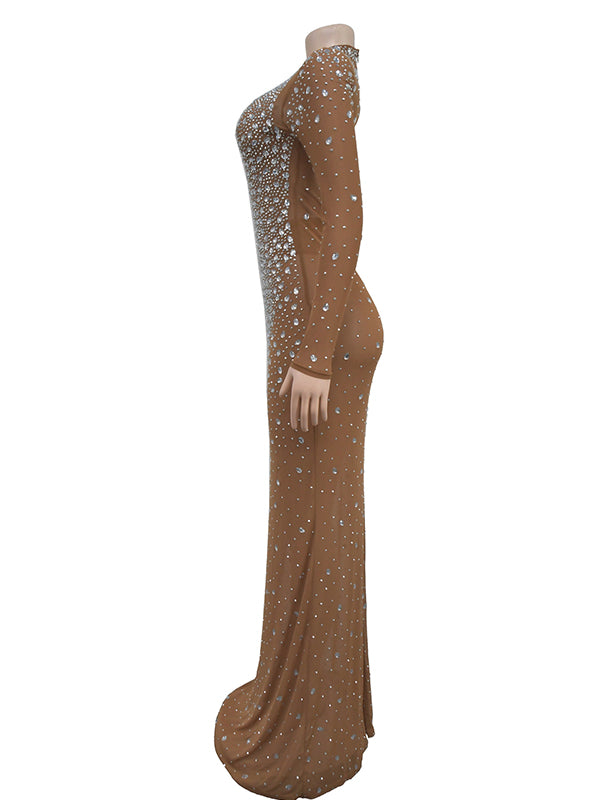 fotobeyou Apricot Glitter Diamonds Rhinestone Mesh Back Slit Bodycon Elegant Cocktail Sheer Maternity Photoshoot Maxi Dress