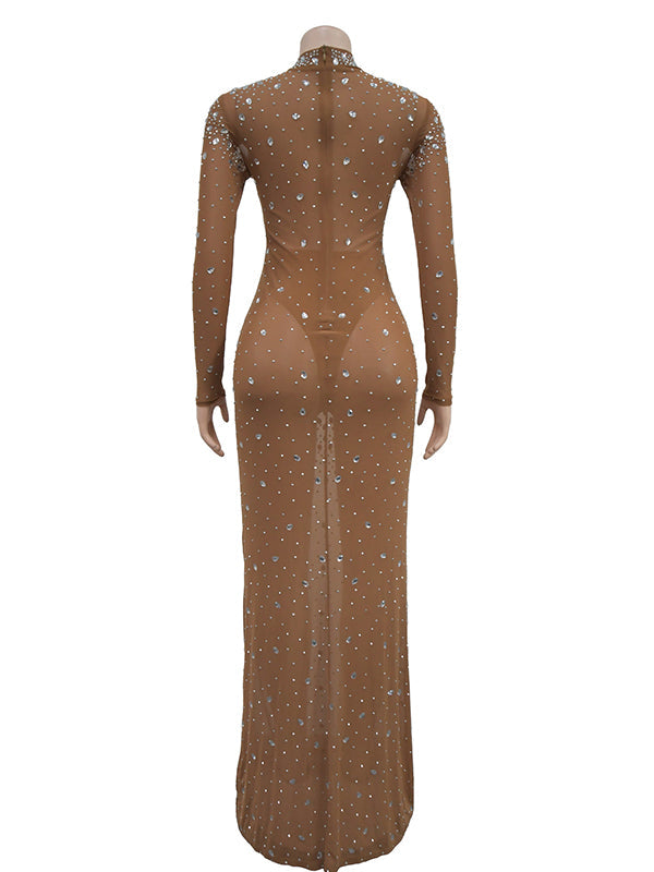 fotobeyou Apricot Glitter Diamonds Rhinestone Mesh Back Slit Bodycon Elegant Cocktail Sheer Maternity Photoshoot Maxi Dress
