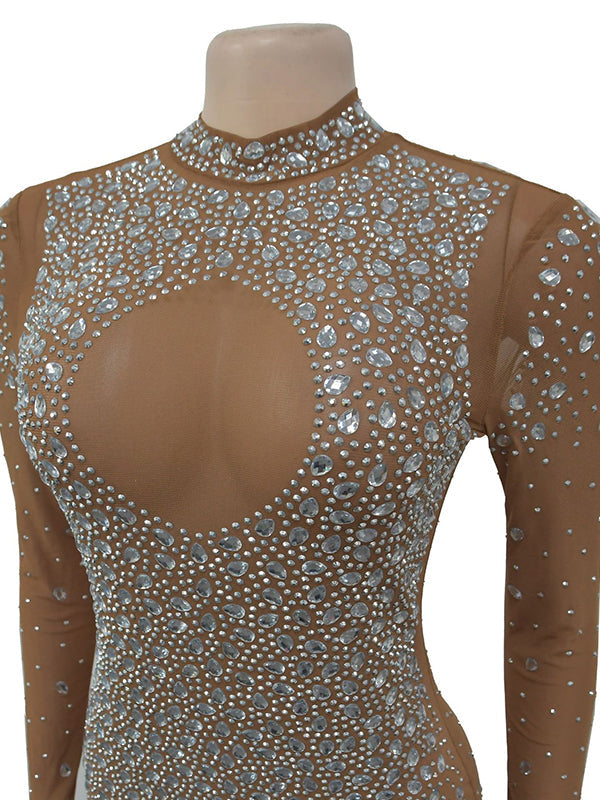 fotobeyou Apricot Glitter Diamonds Rhinestone Mesh Back Slit Bodycon Elegant Cocktail Sheer Maternity Photoshoot Maxi Dress